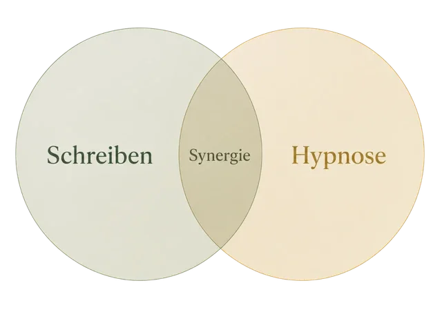 Zwei sich überlappende Kreise: Schreiben und Hypnose, gemeinsam Synergie